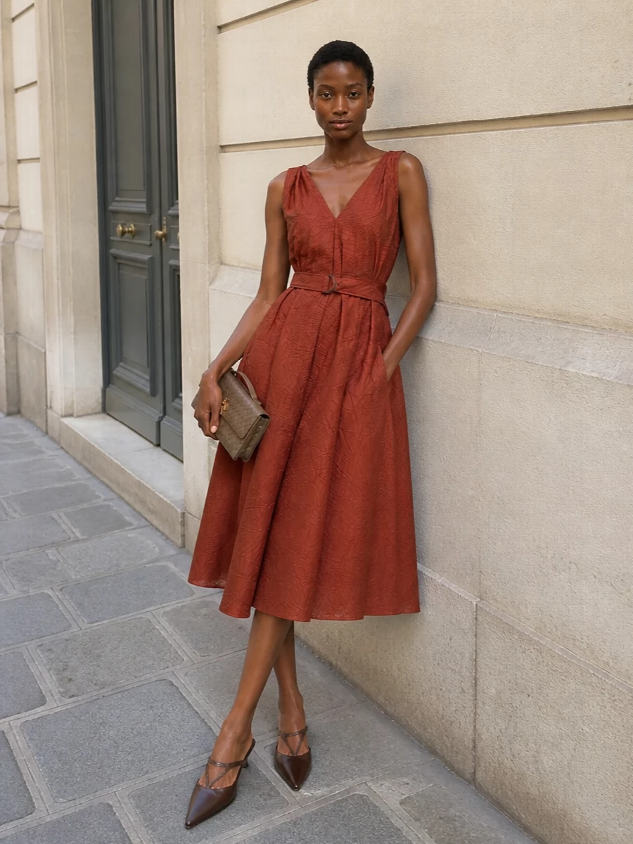 Terracotta midi dress espresso mules evening outfit