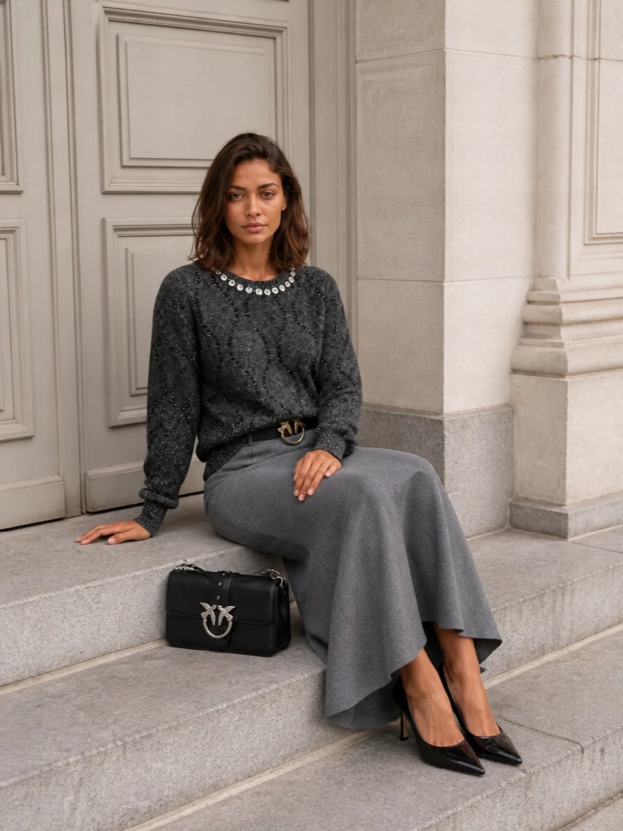Pinko grey embellished jumper maxi skirt outfit