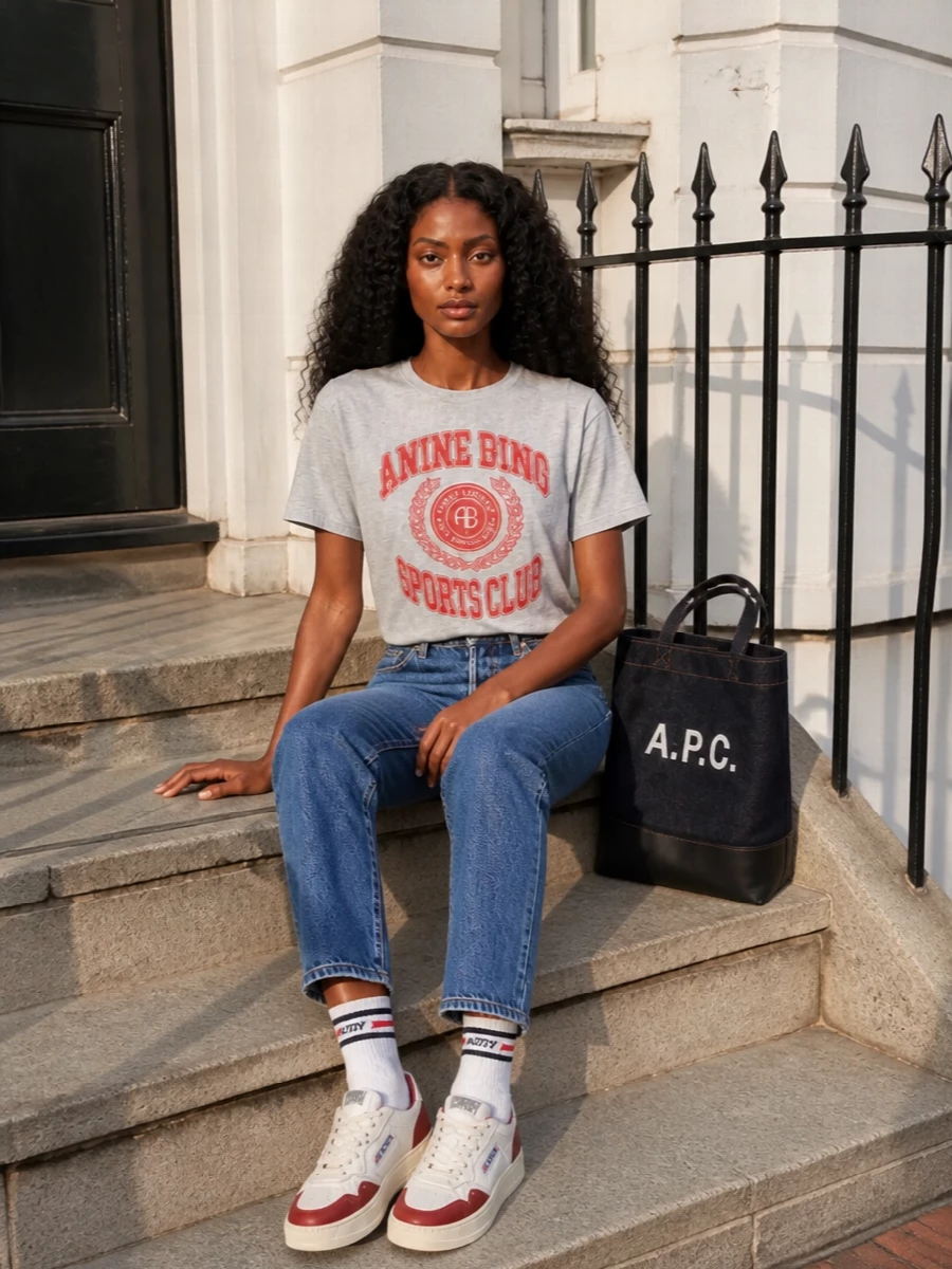 Anine bing sports club tee jeans autry sneakers