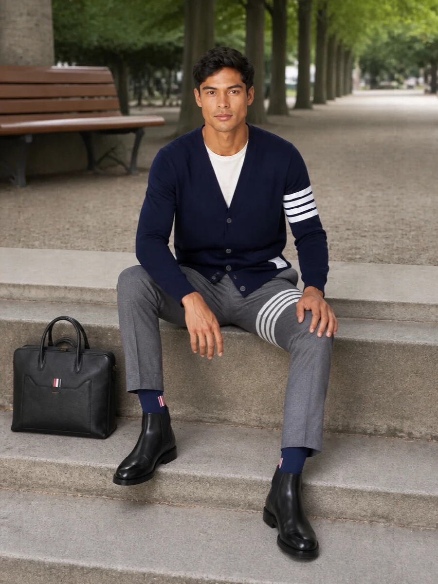 Thom browne navy cardigan grey tailored trousers