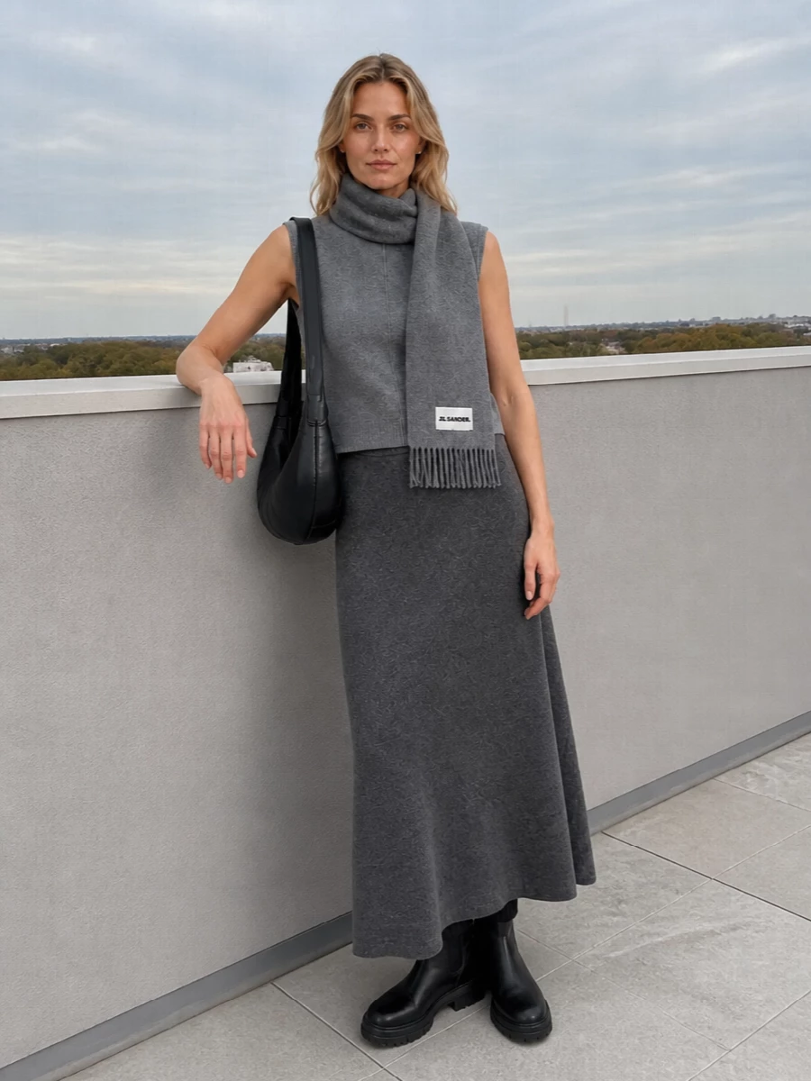 Lisa yang grey knit maxi skirt outfit
