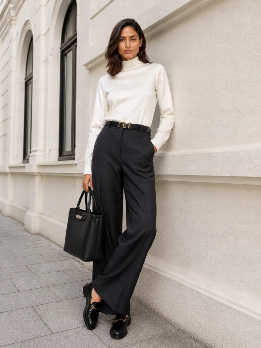 Rohe wide leg trousers ivory blouse tods loafers