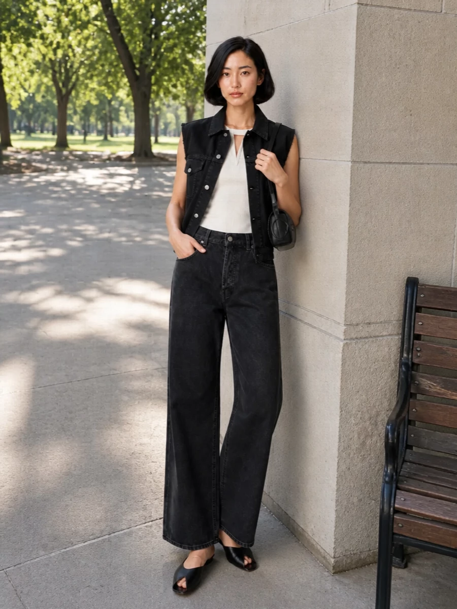 Haikure black denim vest wide leg jeans outfit