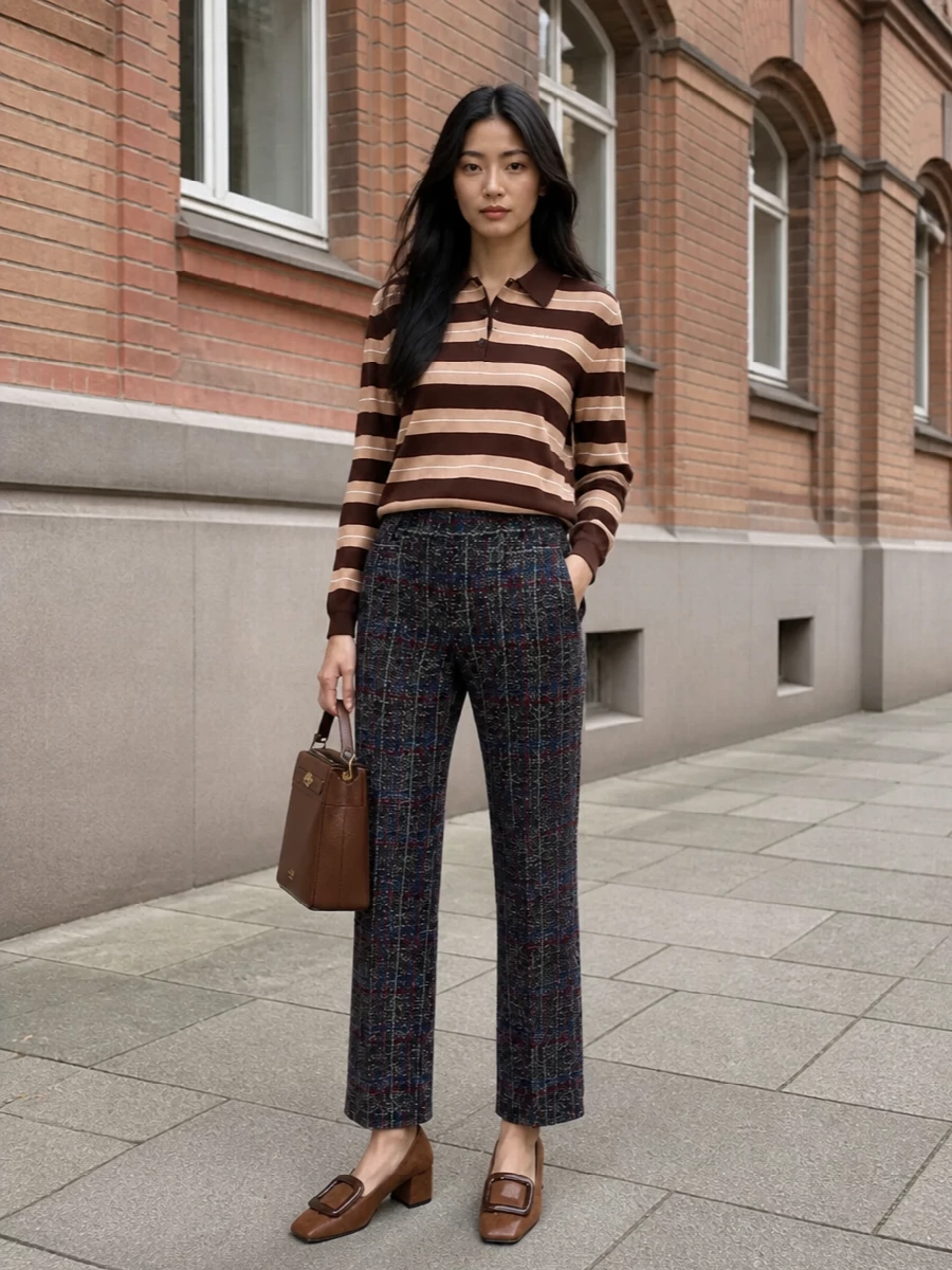Collegiate stripes meet grown-up tailoring with the brown Miu Miu polo grounded by Missoni’s tweed-effect plaid trousers. Rich shades of chocolate and charcoal keep the palette warm yet sharp, while the structured loafers and heritage leather bag underline a quiet, preppy polish. Half-tuck the knit to showcase the trouser waistband and elongate the leg line.