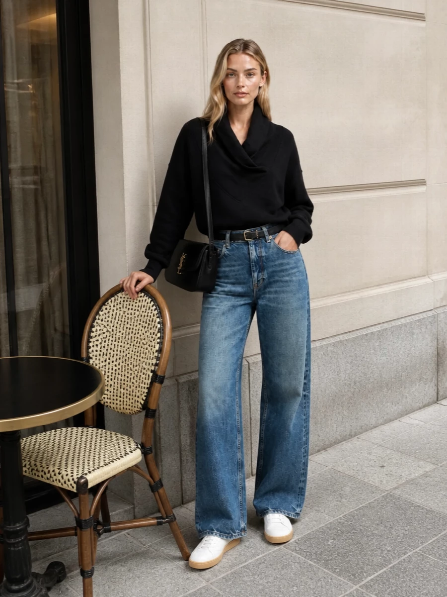 Mid-wash wide-leg denim sits high and clean at the waist, paired with a black cowl-neck knit for a relaxed yet precise Saint Laurent mood. White low-top sneakers keep it firmly in quiet streetwear territory, while a structured black monogram shoulder bag and slim belt add just the right amount of polish. It is an easy city uniform that feels considered without ever reading overdone.