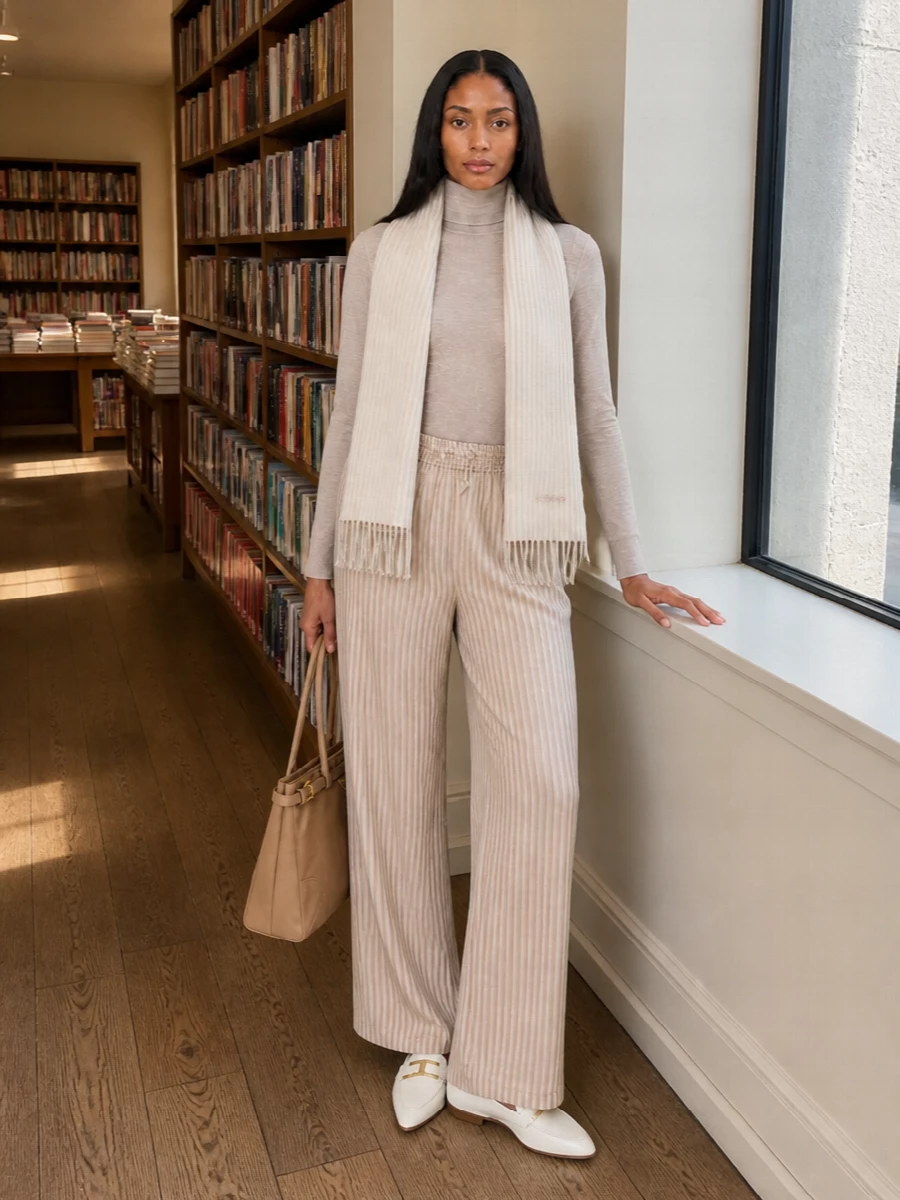 A softly structured beige mock-neck pairs with the striped wide-leg trouser for a column of warm neutrals that feels relaxed yet precise. Ivory pointed loafers and a camel tote keep the profile clean and elongated, perfect for city days that move quietly between errands and low-key lunches. The striped scarf adds a gentle repeat of line and tone, reinforcing the minimalist, quiet-luxury mood without distracting from the ease of the silhouette.