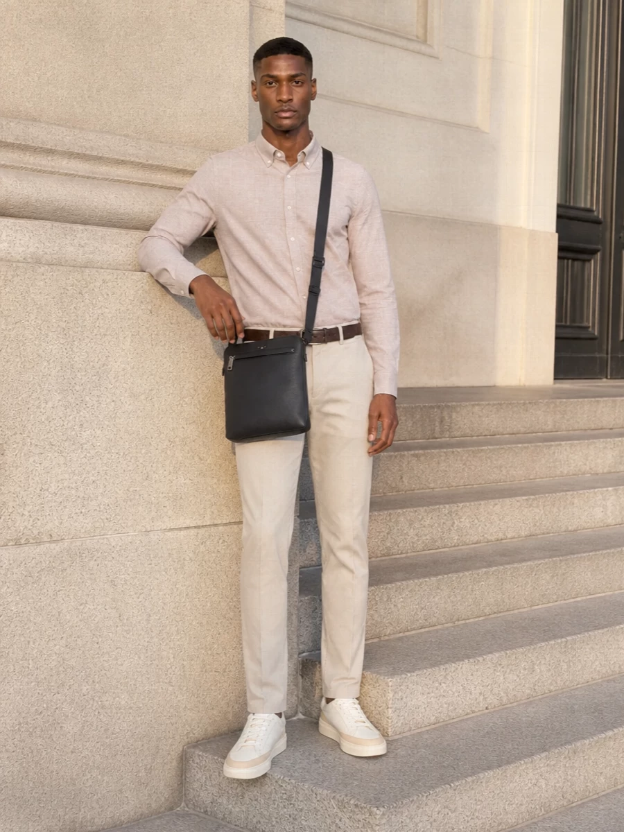 Boss stone chinos taupe shirt cream sneakers