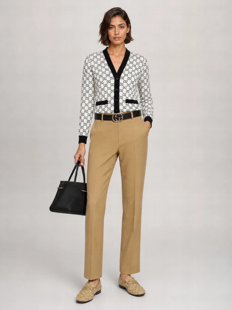 GUCCI キャメル・モヘヤ混 ニットカーディガン フリンジ ロゴプレート Gucci Reversible wool jacquard cardigan | The Fashion Square