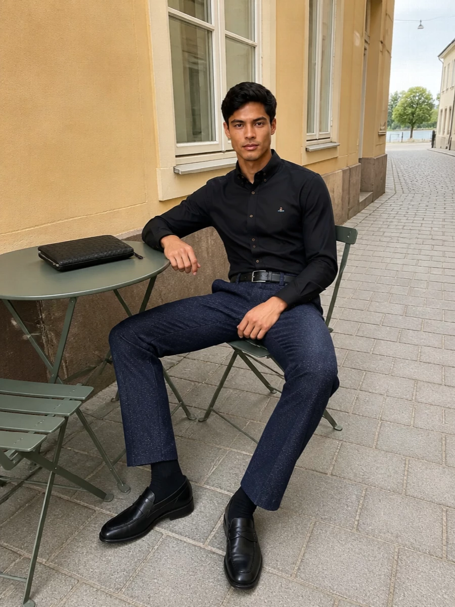Vivienne Westwood’s inky shirt meets textured midnight trousers for a tailored, preppy take on quiet luxury that feels sharp without trying too hard. Black penny loafers keep the line sleek and grounded, while a woven Bottega portfolio and clean Givenchy belt add just enough structure and texture for a confident city uniform from desk to late dinner.