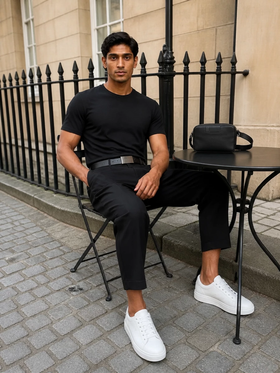 Emporio armani black tshirt cropped trousers outfit