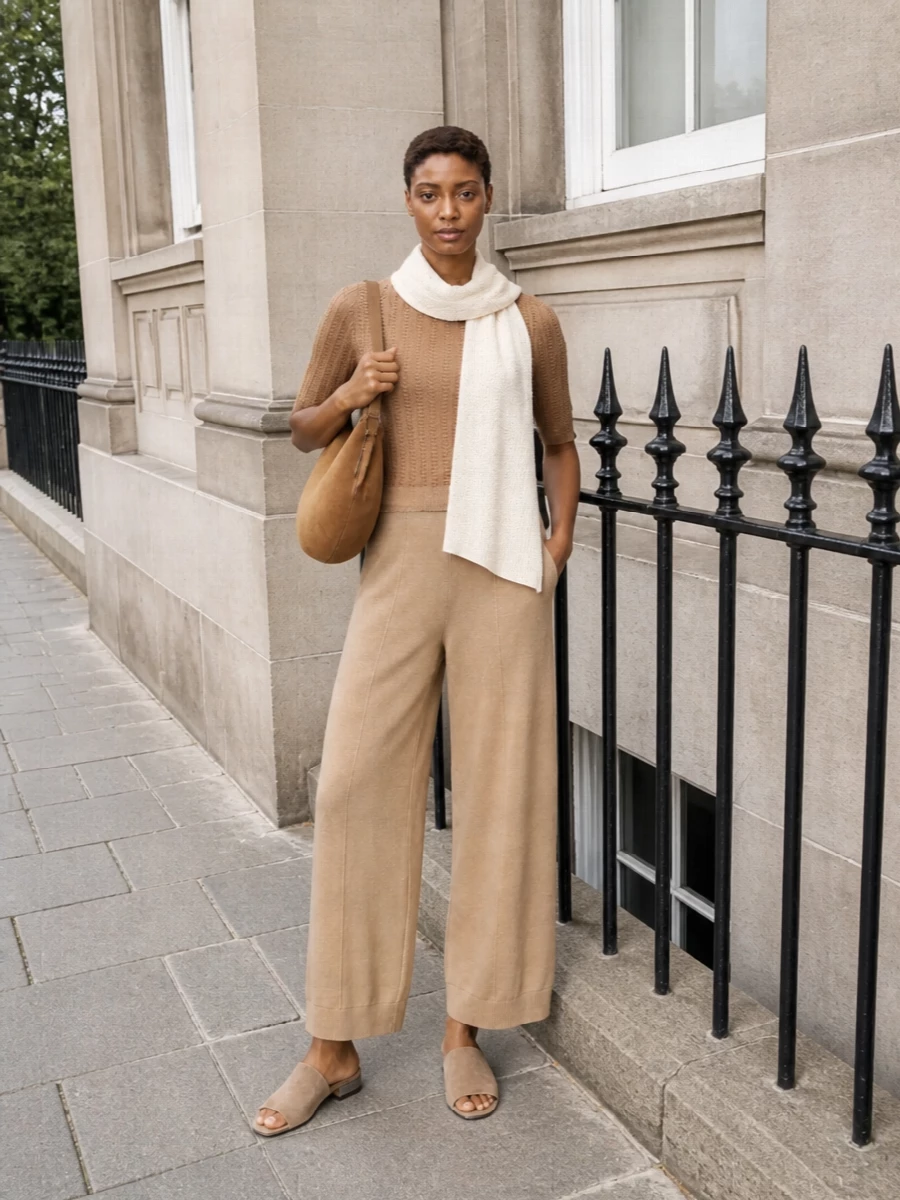 A head-to-toe camel story keeps the knit trouser feeling intentional rather than casual, with the slim ribbed top defining the upper body against the relaxed wide leg. Suede block-heel slides and a soft hobo bag stay in the same warm neutral family, adding tactility and quiet structure without disturbing the ease. The light ivory-beige scarf introduces just enough contrast at the face to keep the palette fresh for warm-weather city days or travel.