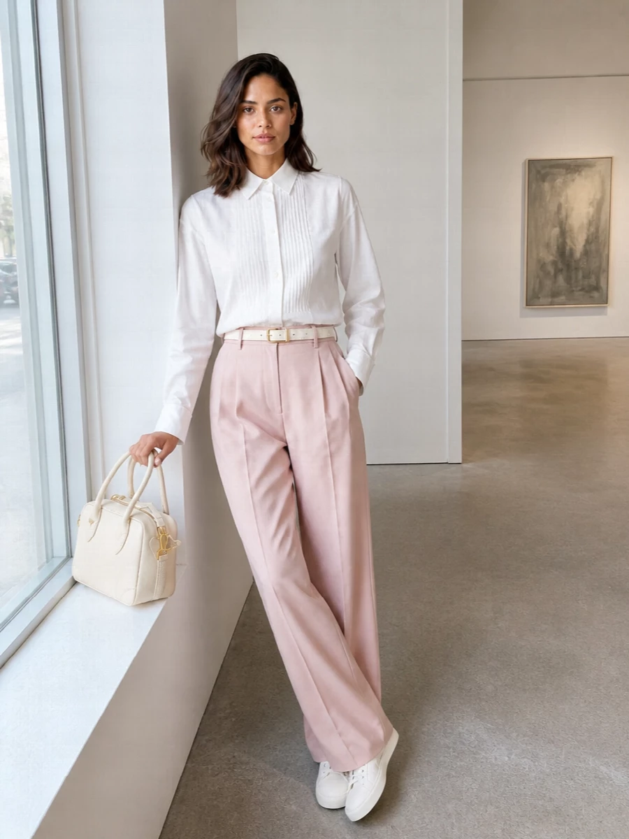 A crisp pleated-bib shirt pairs with blush wide-leg tailoring for a soft, modern take on suiting. Clean white sneakers keep it grounded and wearable, while an ivory top-handle bag and slim white belt introduce just enough structure and polish. The result is relaxed, elongated and quietly formal enough for desk to dinner without ever feeling rigid.