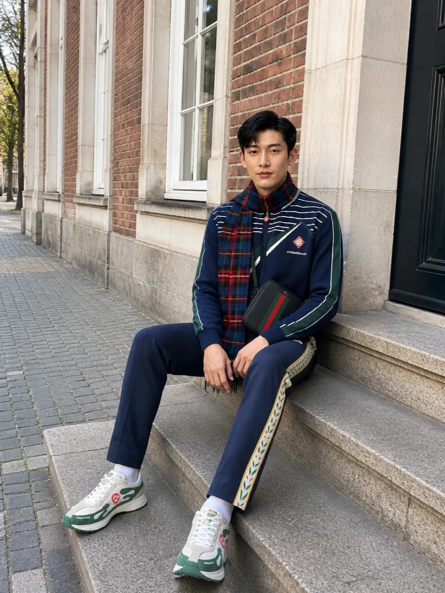 Casablanca cardigan navy track pants gucci bag