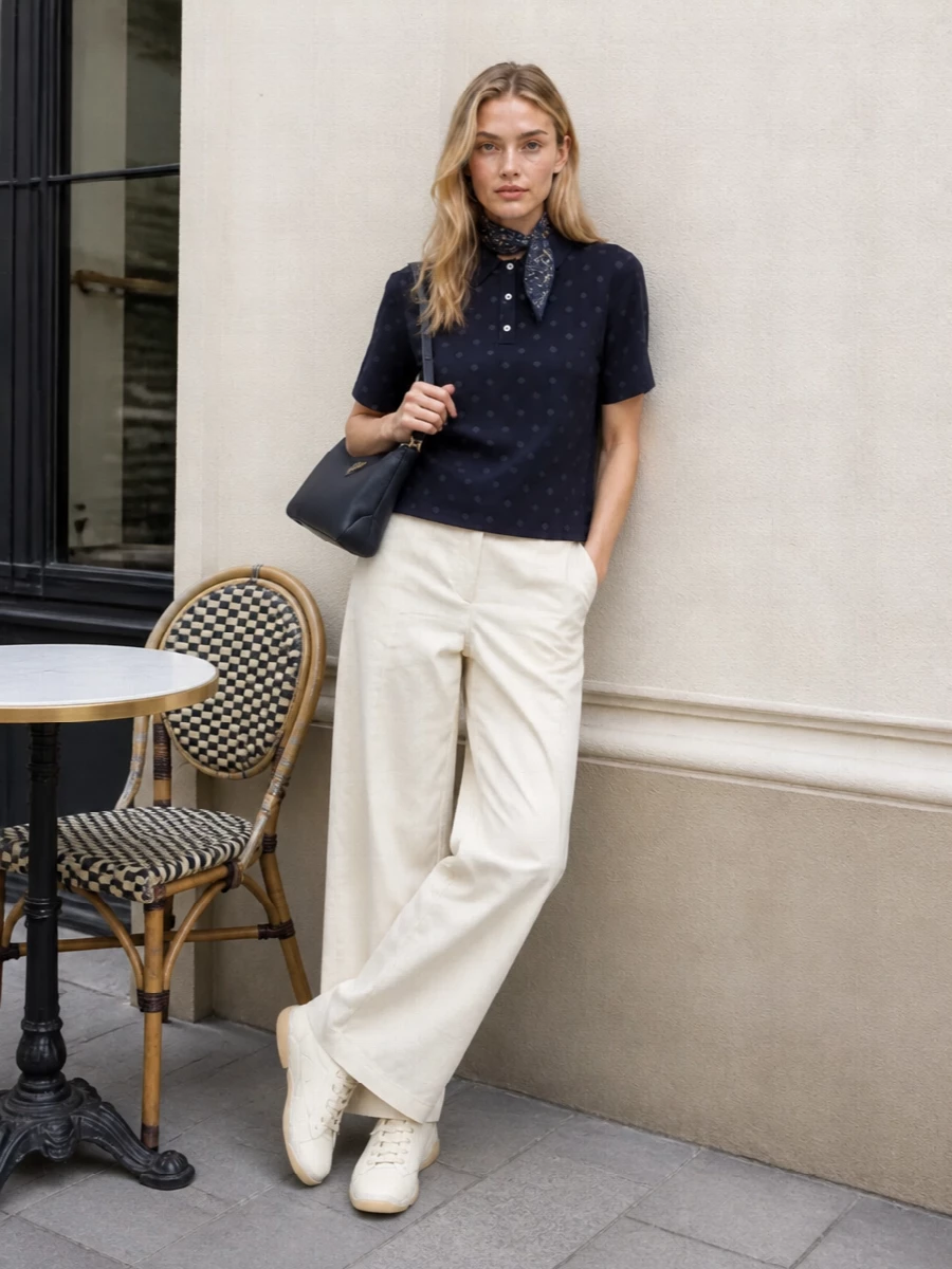 Acne studios navy polo ivory wide leg trousers