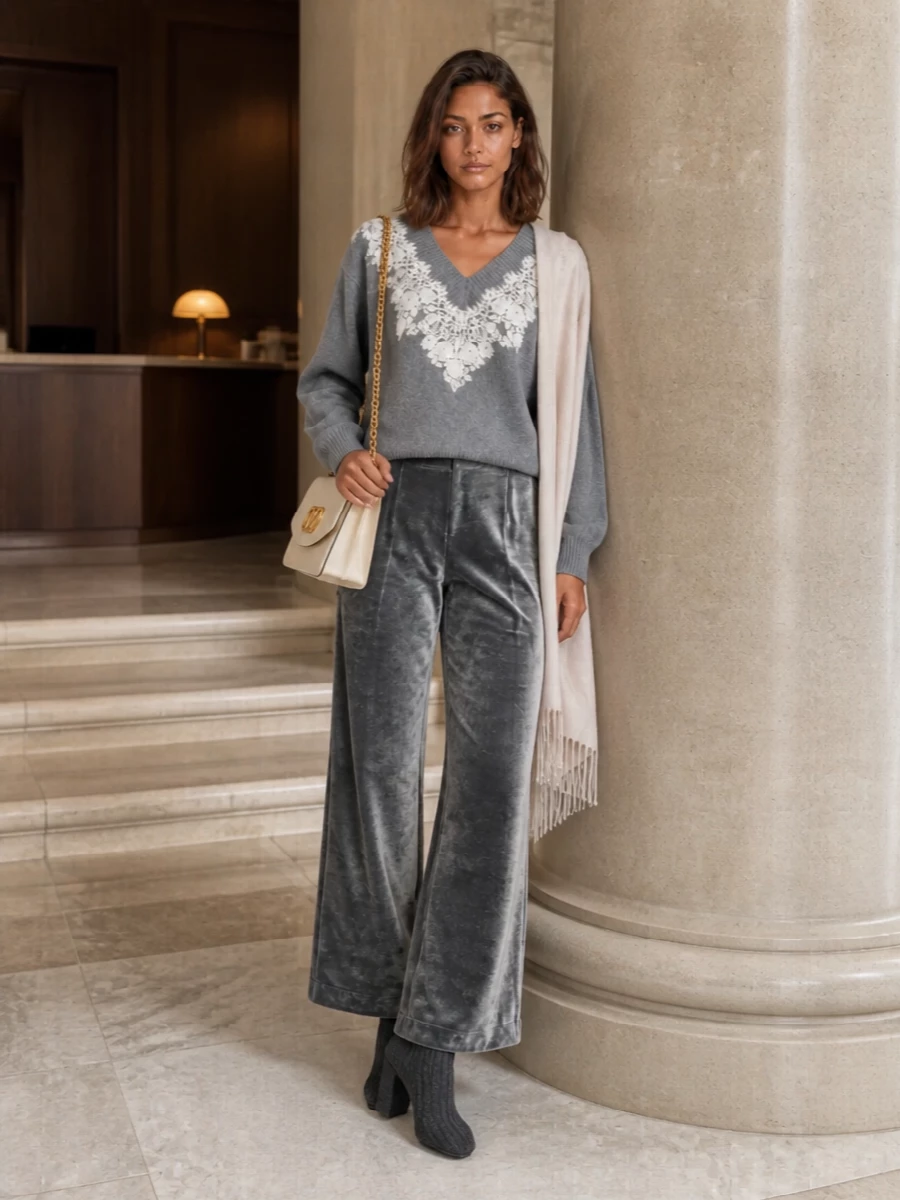 Alberta ferretti lace sweater grey velvet trousers