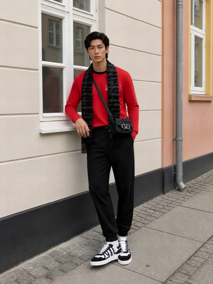 Lanvin red logo tee black track pants outfit
