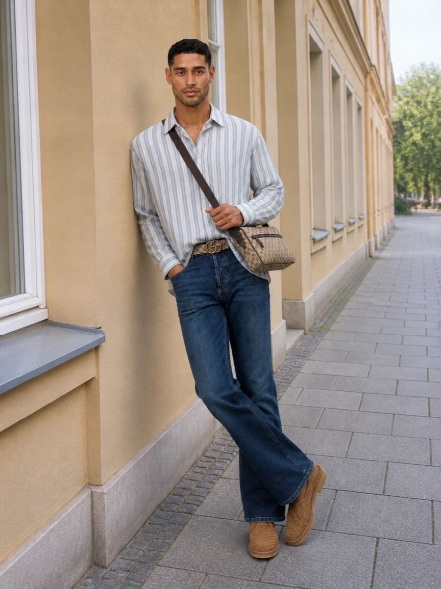 Gucci striped shirt bootcut jeans desert boots