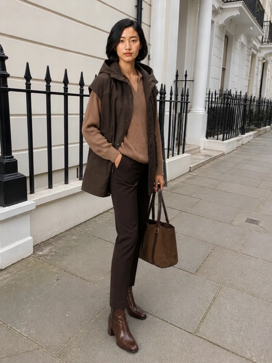 Max mara brown parka slim trousers outfit