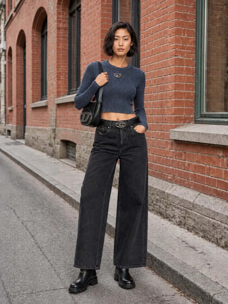 Diesel wide leg jeans cropped logo knit outfit