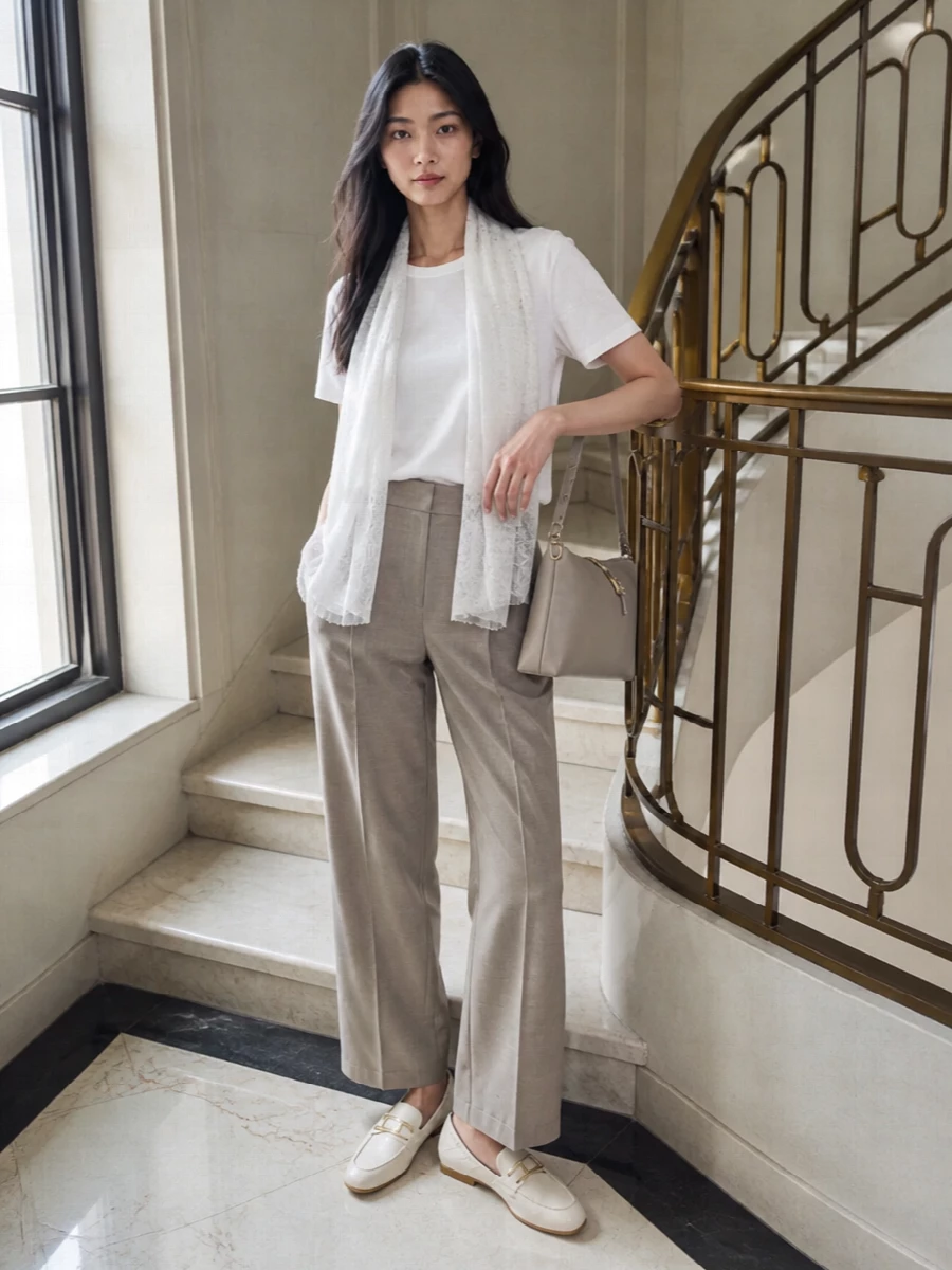 A crisp white tee meets soft taupe pleated tailoring for a clean, understated take on city polish. Cream loafers keep the mood refined but relaxed, while the taupe shoulder bag and gauzy scarf quietly echo the neutral palette for a joined-up, minimalist finish. Perfect for days that move from desk to café without feeling overdone.