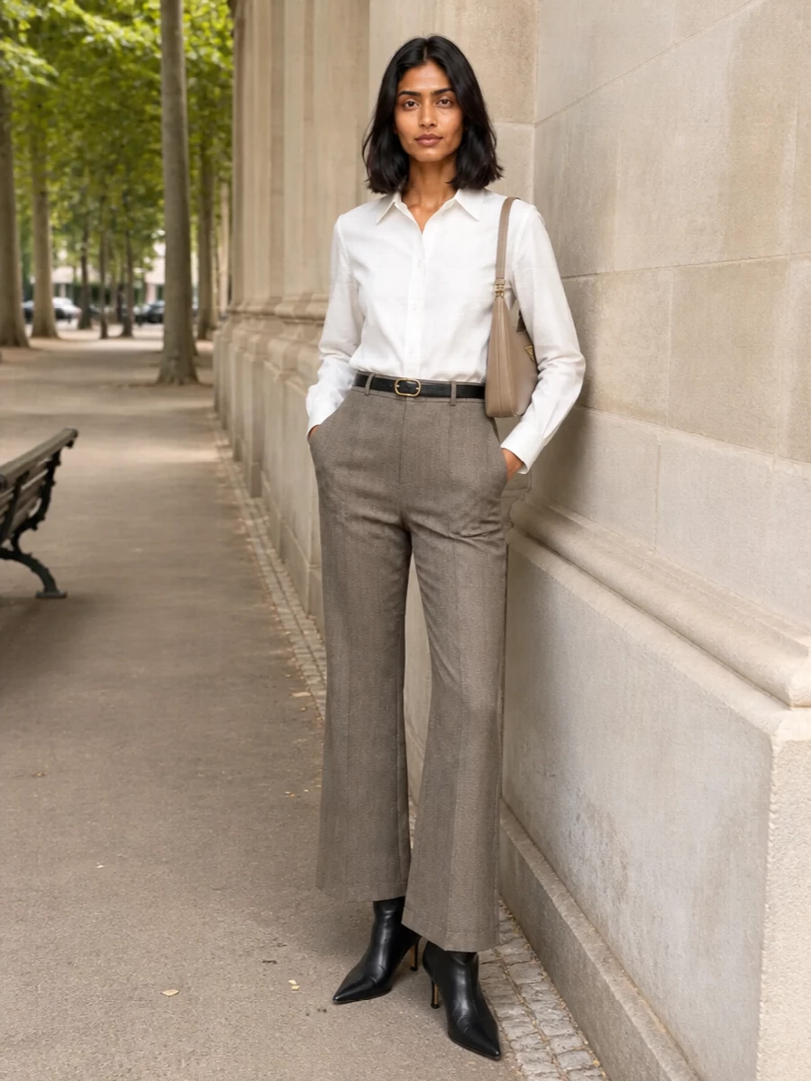 Frankie shop taupe trousers white shirt outfit