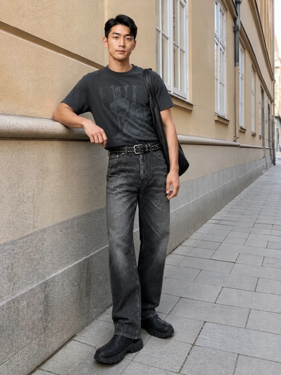 A washed charcoal graphic tee sits against relaxed charcoal denim for a monochrome line that feels lived in rather than precious. Slip-on black trail sneakers keep it functional and low-key, while the slouchy leather hobo and studded belt add just enough attitude to feel considered. It is the kind of uniform that works from afternoon errands straight into late-night walks without changing a thing.