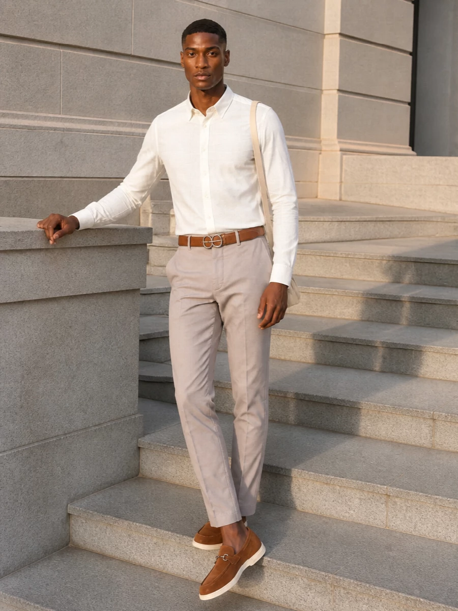 Ferragamo ivory shirt brunello beige trousers