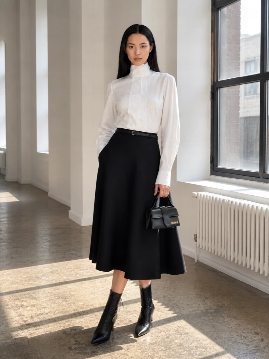 Jacquemus white blouse black midi skirt outfit