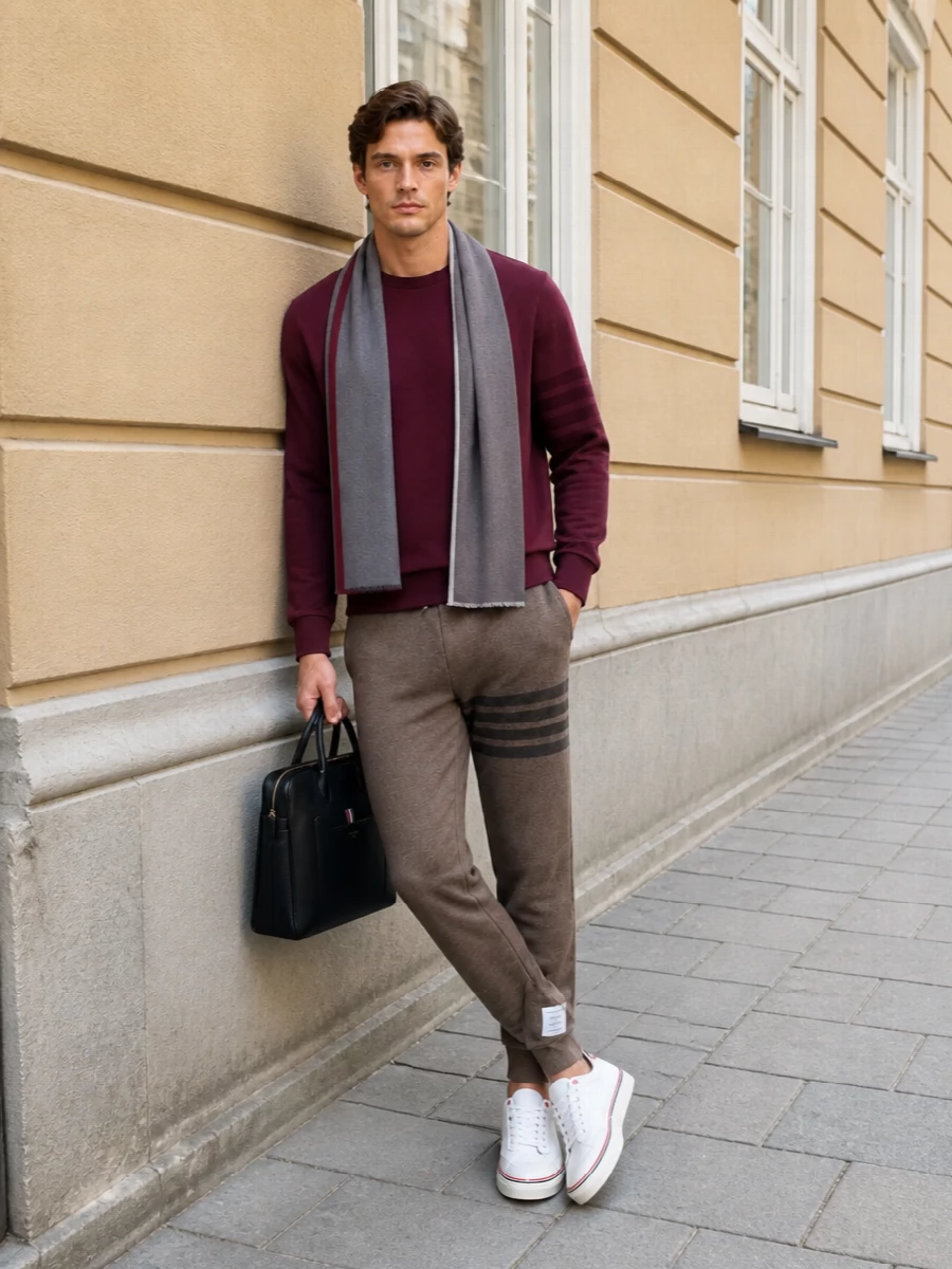 Thom browne burgundy sweatshirt taupe joggers