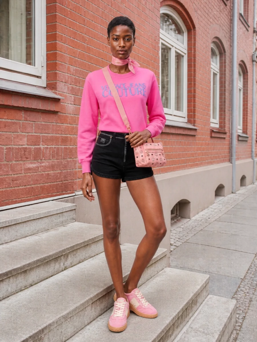Versace pink sweatshirt black shorts sneakers