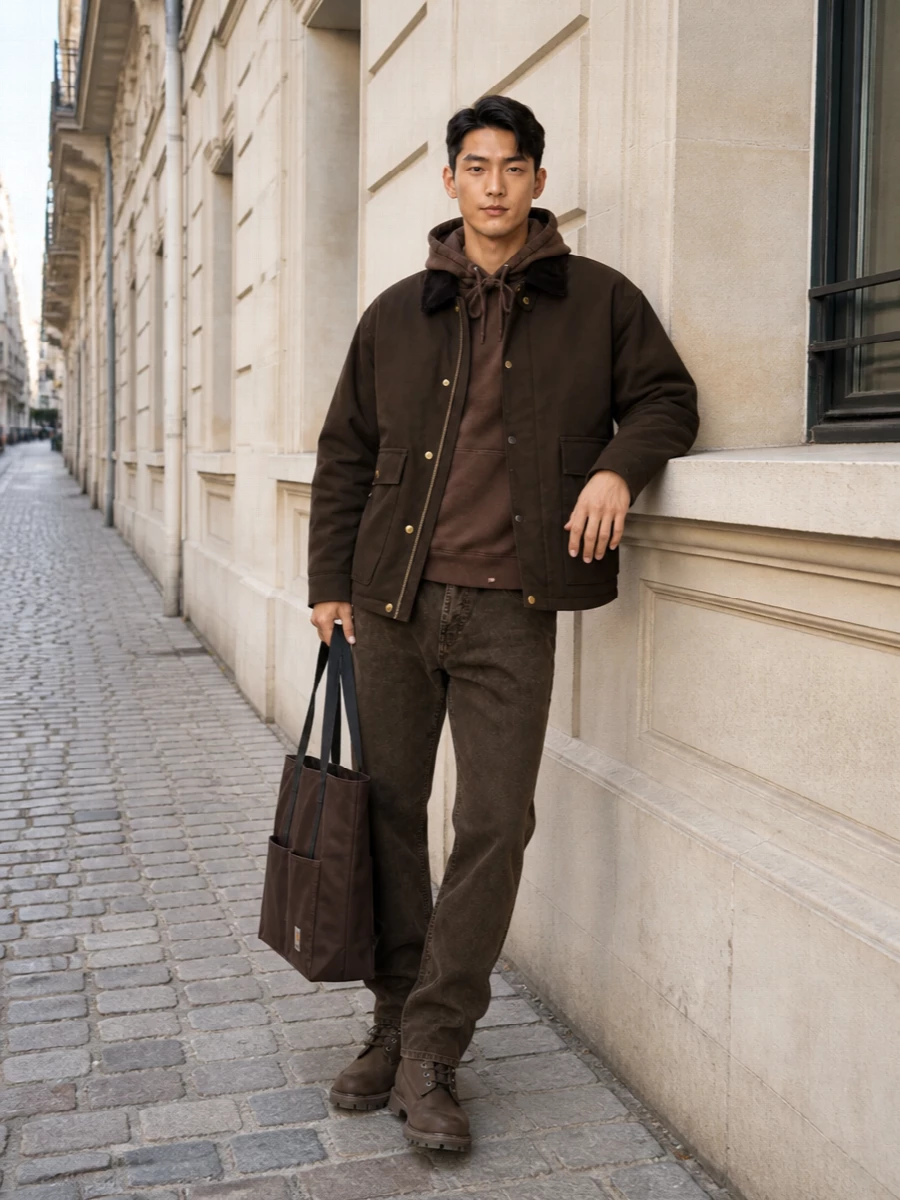 Carhartt brown work jacket outfit boots