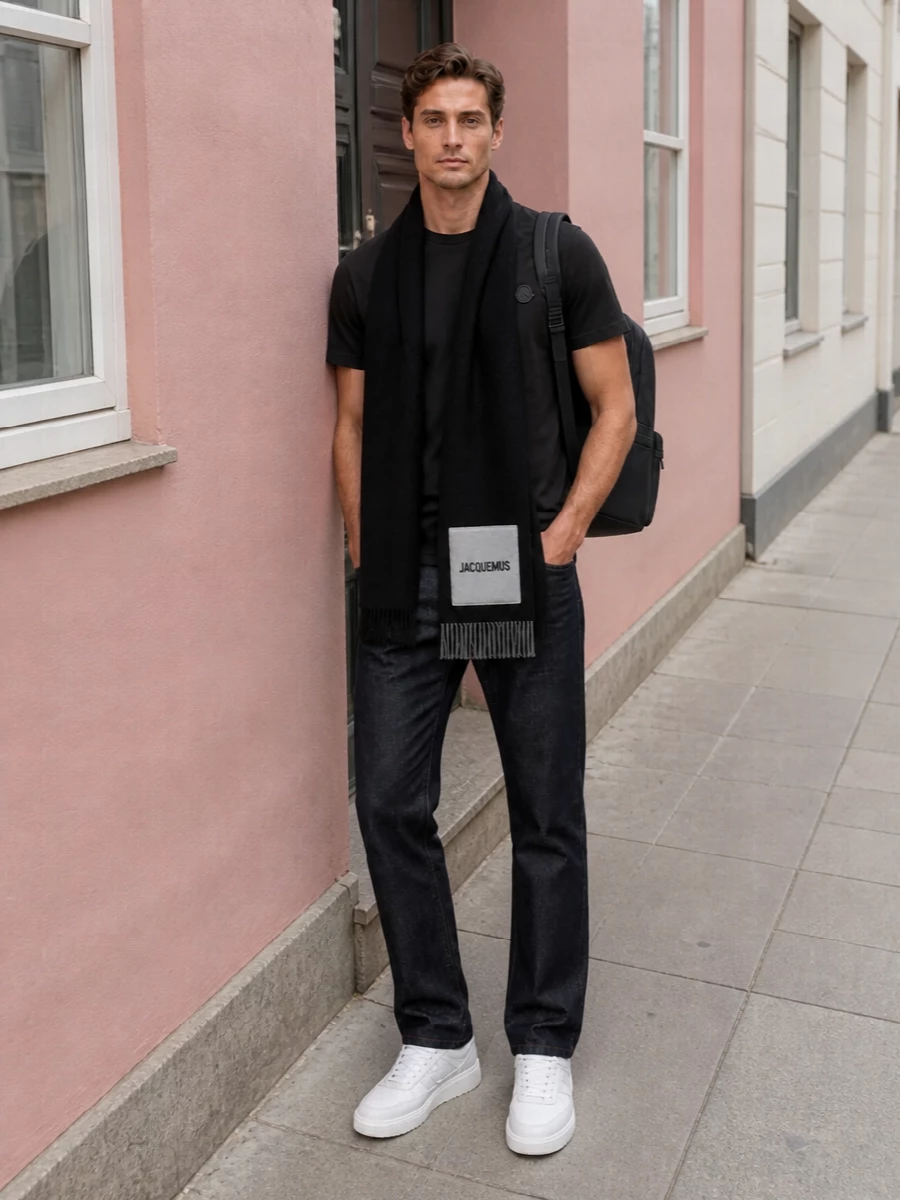 Moncler black tee dark jeans white sneakers