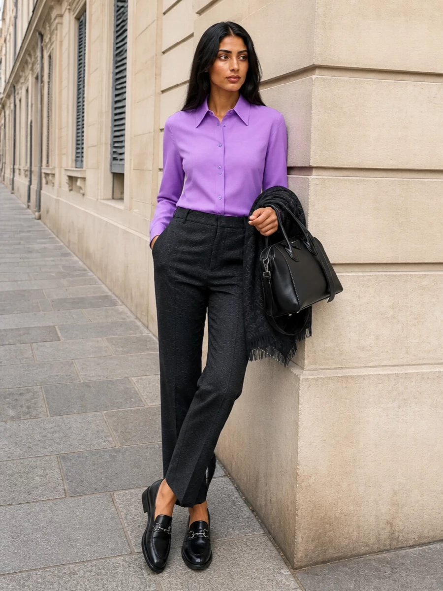 The lilac Gucci shirt is grounded with high-rise charcoal jacquard trousers for a column of softly textured tailoring that feels both modern and office-ready. Black horsebit loafers and a structured black top-handle bag in smooth leather sharpen the look without shouting, while a charcoal GG scarf adds a discreet logo layer that keeps the palette cohesive and firmly in the quiet-luxury realm. The result is precise, polished FW suiting with a refined hit of color at the collarbone.