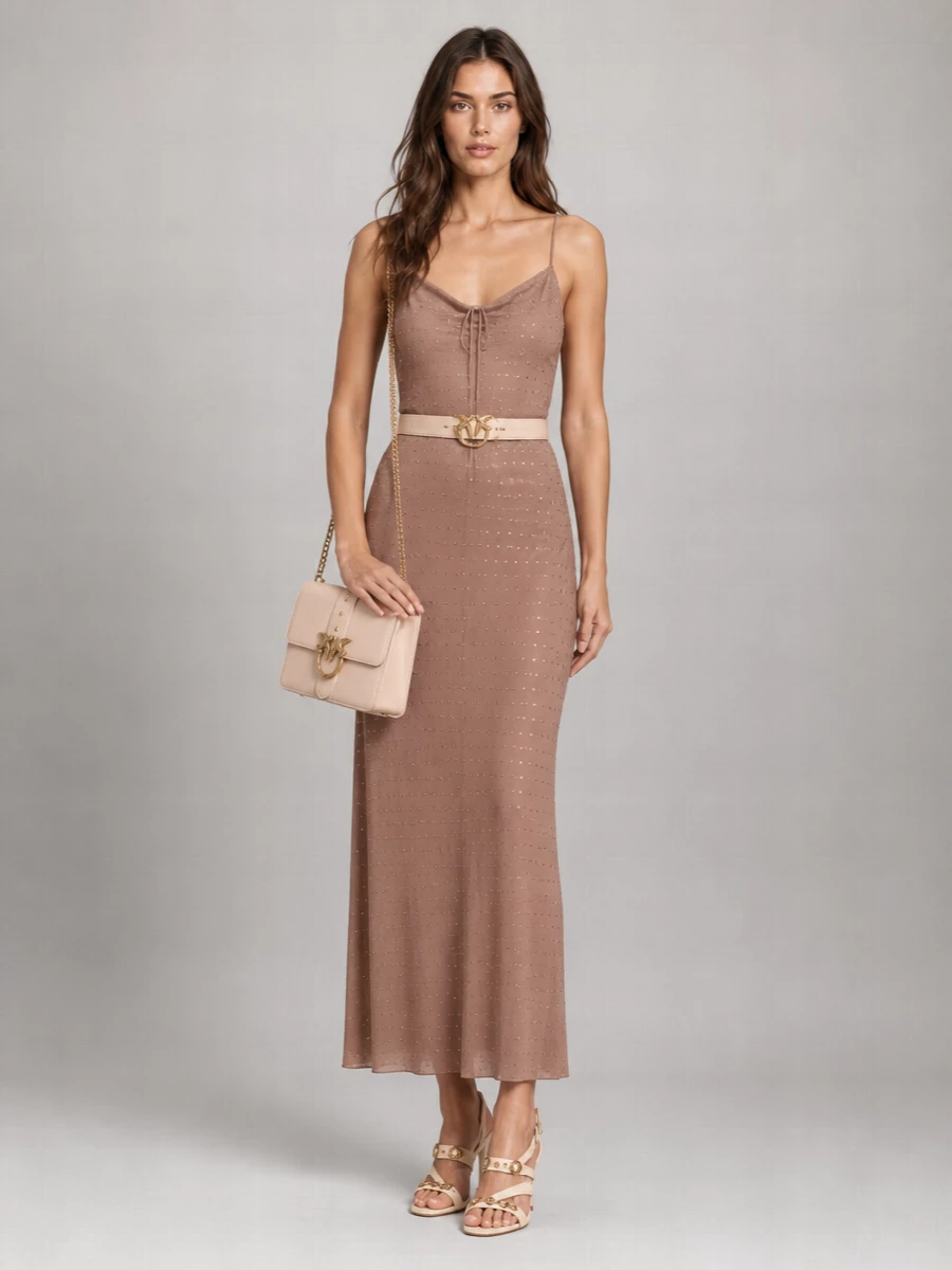Pinko Rhinestone-Embellished Draped Open-Back Midi Dress