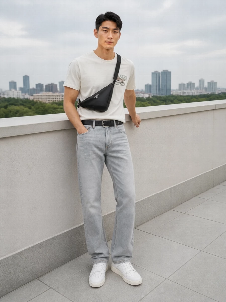 Amiri off white tee grey jeans white sneakers