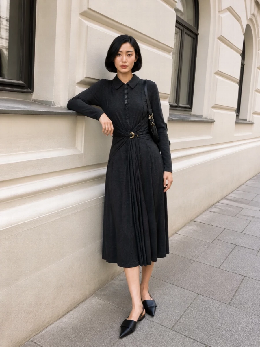 Ganni black shirt dress slingback flats outfit