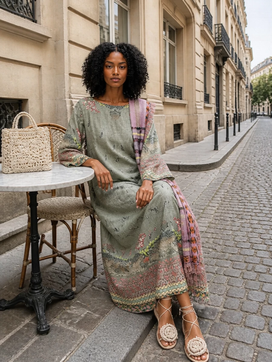 A washed sage floralscape and whisper-light accessories create a soft, romantic story ideal for languid summer dinners. Neutral lace-up flats and an ivory crochet bag keep the maxi grounded in an easy, barefoot mood. A blush-toned stole adds just enough color and warmth for when the sun drops without breaking the gentle boho flow.