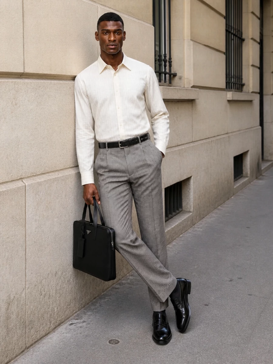 Taupe checked Saint Laurent trousers are paired with an ivory striped shirt for a light, tonal take on modern tailoring that feels crisp but never stiff. High-shine black loafers, a slim black belt and a pared-back Prada briefcase sharpen the look into a quietly powerful office-to-dinner uniform with a distinctly Parisian ease.