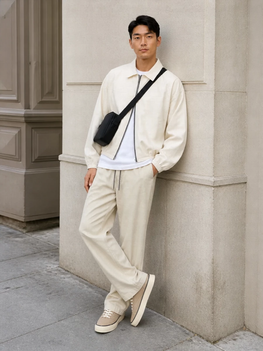 Jacquemus ivory blouson sand trousers outfit