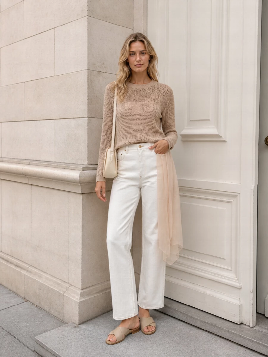 Warm nude and soft ivory sit quietly together here, creating a calm, tonal column that feels relaxed yet intentional. The open-knit texture and straight ivory denim balance ease with structure, while flat taupe slides and a slim buttercream shoulder bag keep everything low-key and refined for warm days in the city or away.