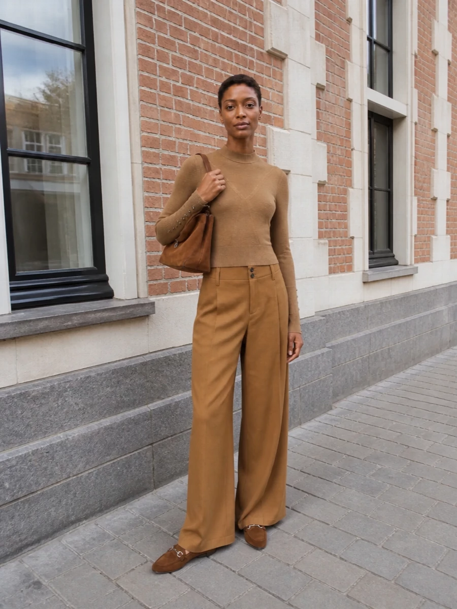 This is a monochrome camel story built on precision tailoring and soft textures, with the slim knit and Chloé wide-leg trouser creating a long, relaxed but polished line. Choosing separates over a dress keeps the mood quietly utilitarian and adaptable, so the Balenciaga suede bag feels like a natural extension rather than a statement. The pointed suede loafers ground everything in a low-key, city-ready finish that still reads decisively designer.
