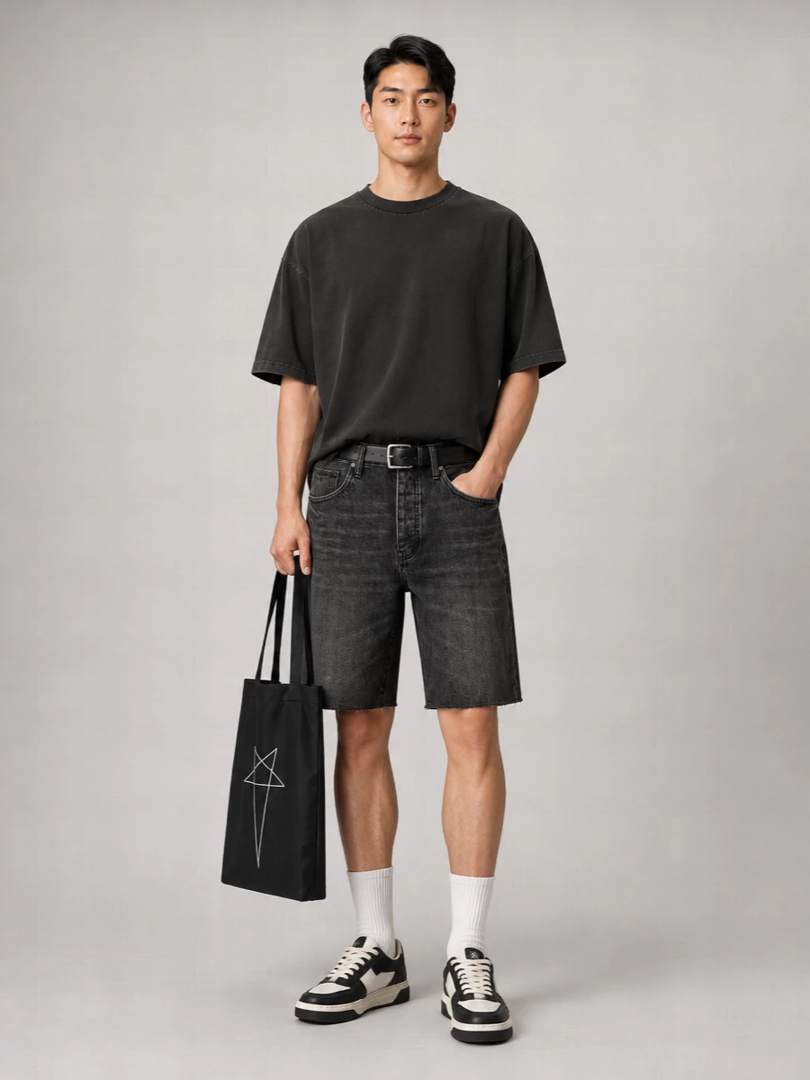 Washed black on washed black keeps this outfit tightly edited, with the boxy tee and longline shorts reading relaxed and street driven. The monochrome palette lets the textures and proportions do the work, while the sharp sneakers and graphic tote add just enough definition to feel considered, not overworked.