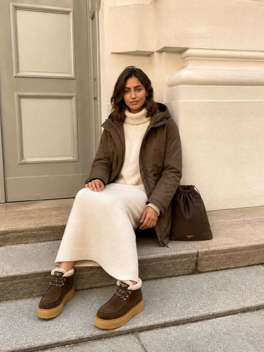 Woolrich parka jil sander knit dress outfit