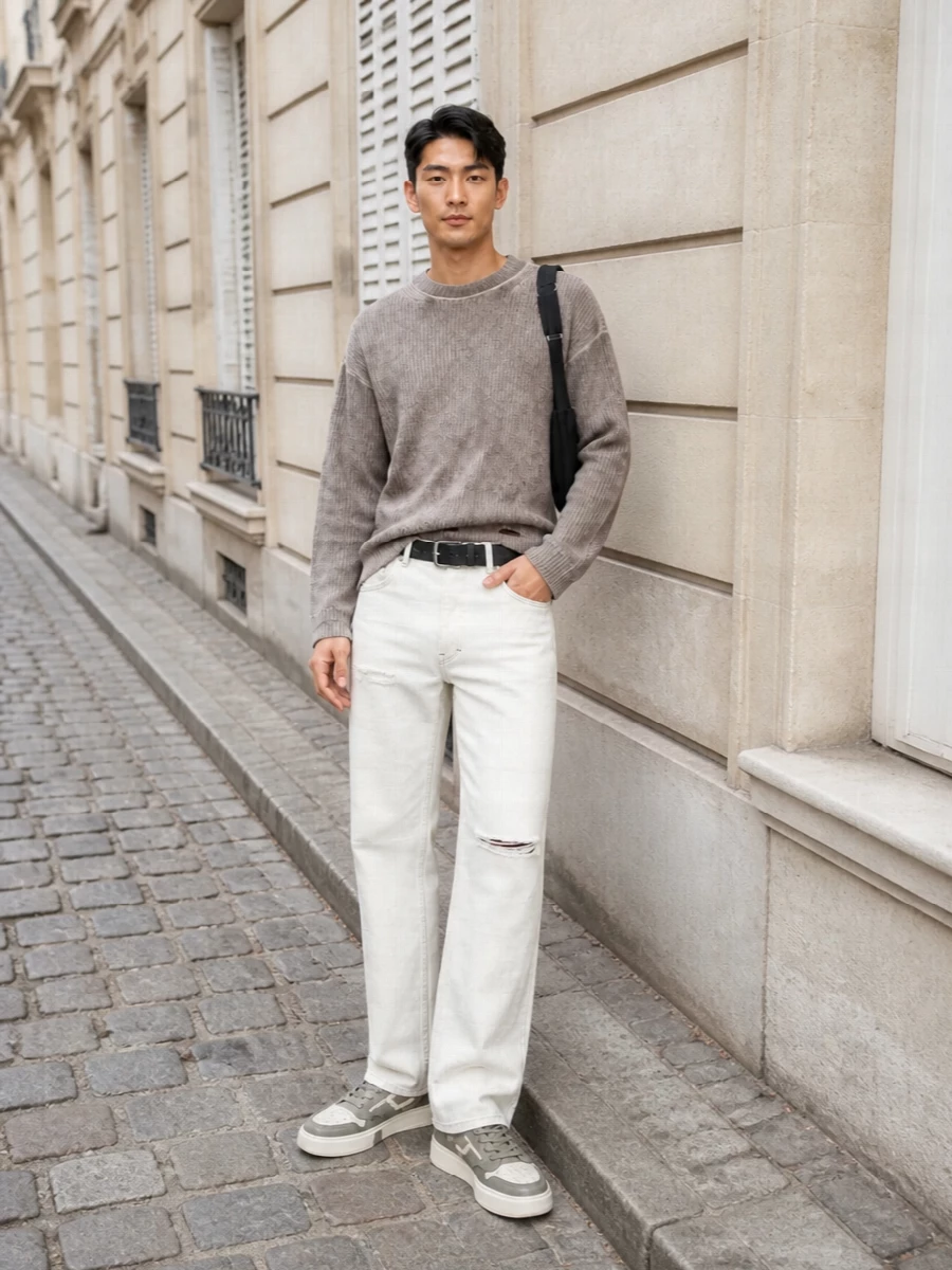 Represent off white jeans taupe knit sneakers