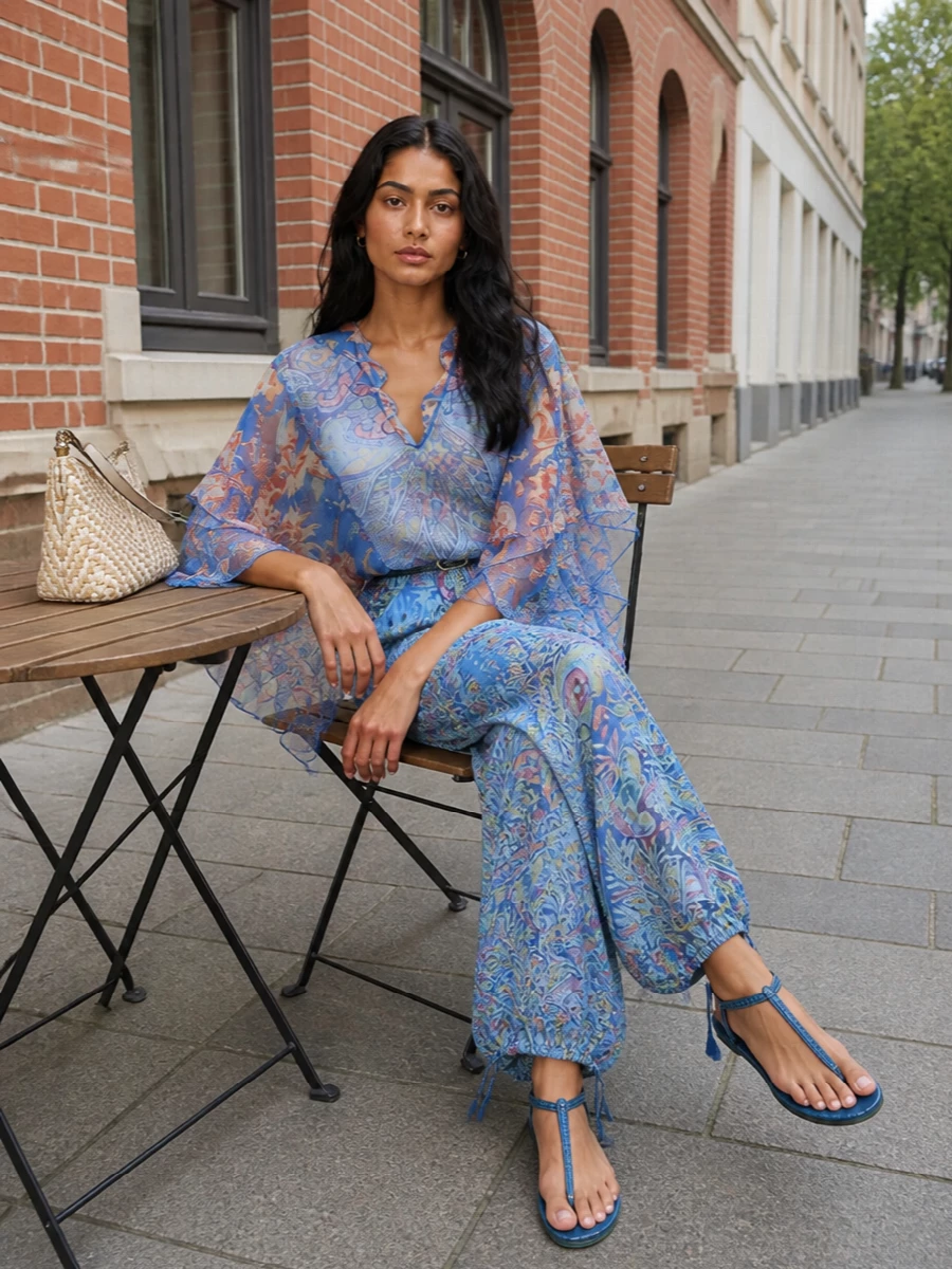 Etro paisley blouse wide leg pants outfit