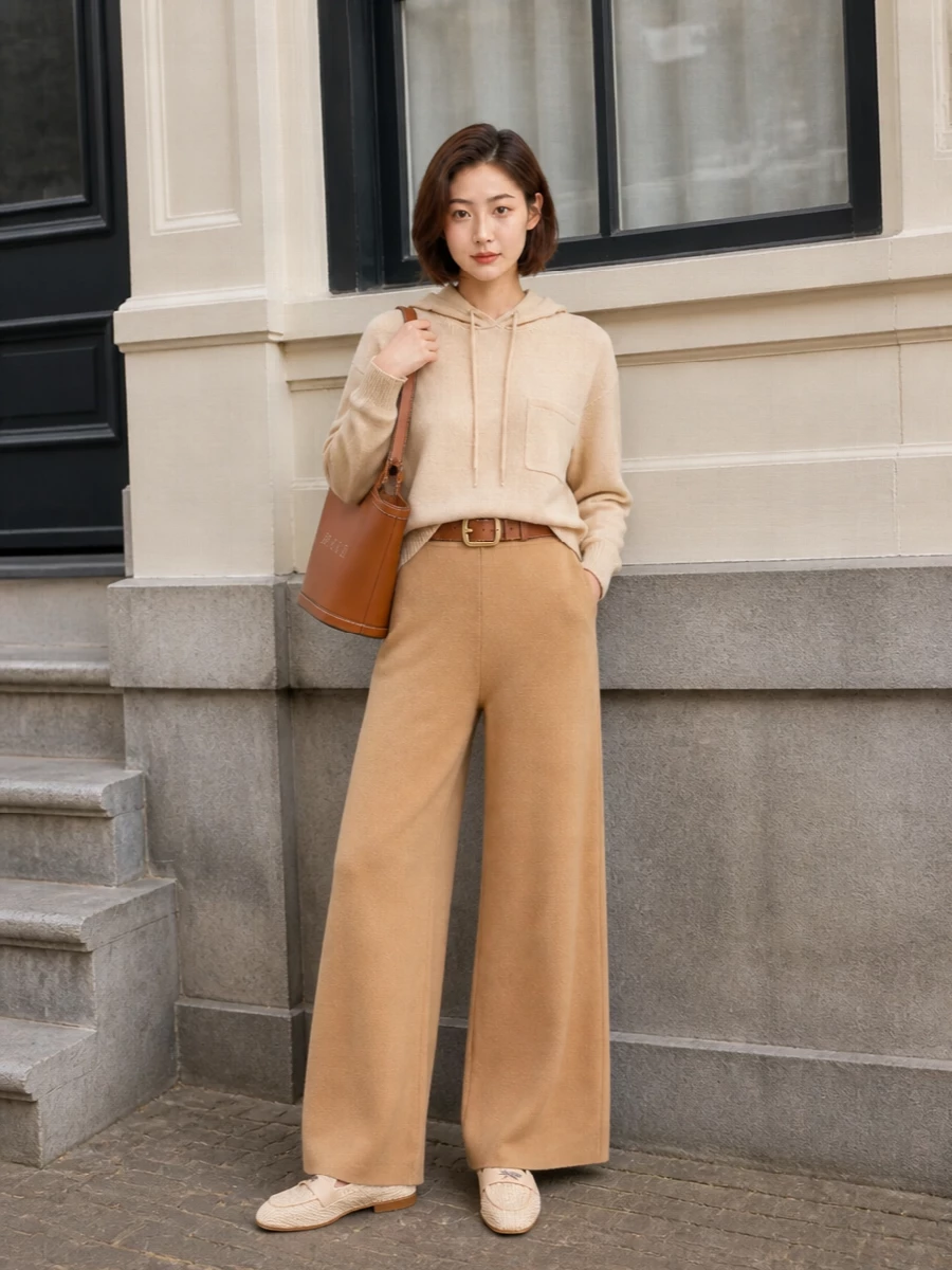 Max mara camel knit hoodie wide leg pants outfit