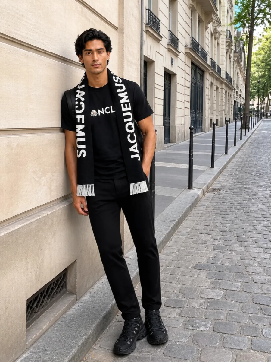 A sharp all-black Moncler base keeps this city-ready outfit clean and athletic, with the logo tee and tapered denim forming a tight, streamlined line. Chunky trail sneakers and a matte technical daypack double down on the performance angle, while a bold monochrome scarf adds just enough graphic contrast without breaking the minimalist mood. The result is a polished street-sport uniform that moves easily from commute to weekend without feeling overworked.