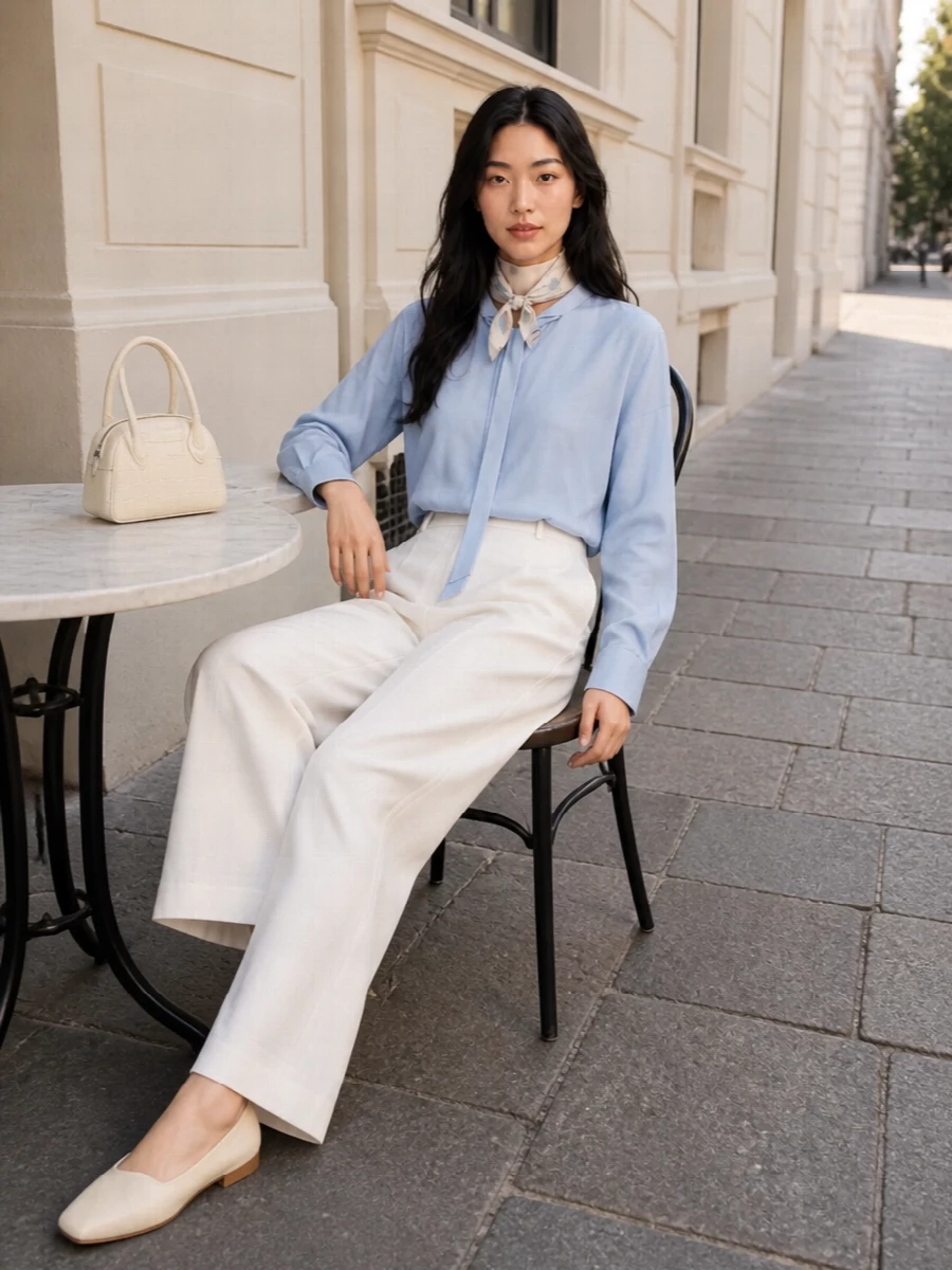 Alysi powder blue blouse ivory wide leg trousers