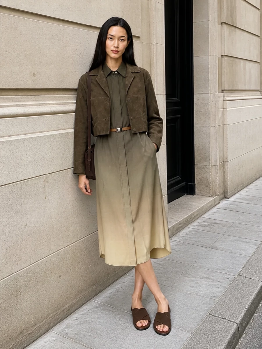 This look builds a softly tailored, utility-inflected SS uniform around the olive-brown suede Prada jacket by pairing it with the ombré olive shirt dress, creating a long, fluid column of earthy tones. Chocolate suede slides and a slim dark brown shoulder bag keep everything low-key yet impeccably refined, with textures and hues that quietly echo one another for a cohesive, quietly luxurious finish. Choosing the dress path rather than separates lets the jacket sit as a relaxed, cropped layer over a clean, uninterrupted base, which feels more modern and intentional with this silhouette.