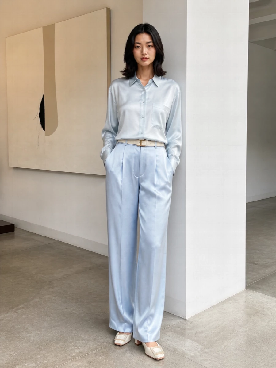 Forte Forte’s satin shirt and wide-leg trouser in the same icy blue read as a single, fluid column that catches the light with every step. Ivory accessories keep the mood polished yet soft, with low heels and a structured top-handle bringing just enough formality for dinner, gallery nights or a quiet cocktail date. The result is romantic tailoring that feels composed without ever looking stiff.